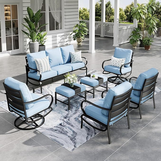 Sophia & William Patio Furniture Sets for 7 Outdoor Conversation Set 7 Pcs with 2 x Swivel Sofa Chairs, 2 x Armrest Chairs, 1 x 3-Seat Sofa, 2 x Ottomans for Coffee Garden Backyard Poolside Blue