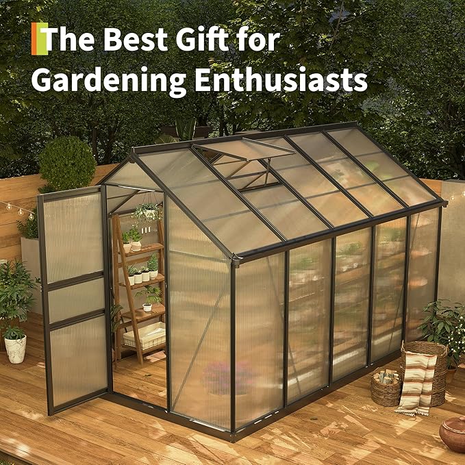 6×10FT Polycarbonate Greenhouse for Outdoors, Large Walk in Green House Kit and Winter Garden Planting, Enhanced Aluminum Green Houses for Outside to Protect Vegetables or Plants