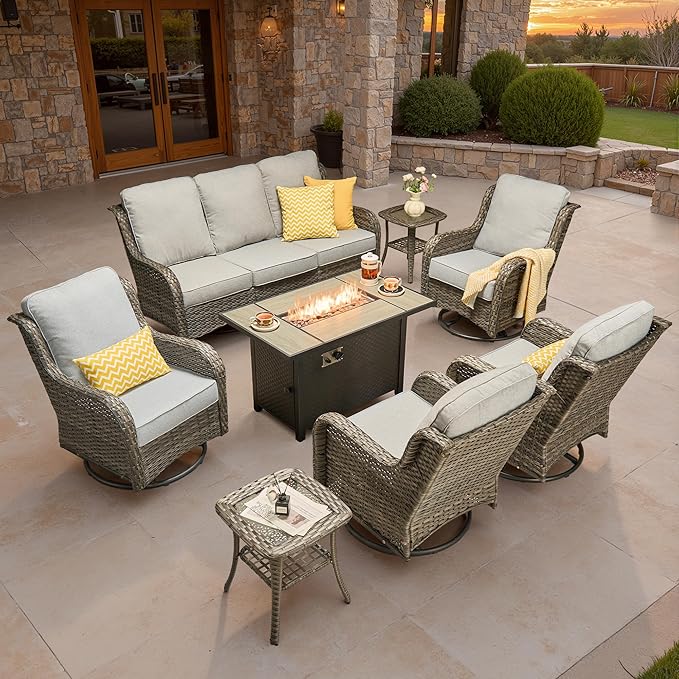 ovios 8 Pieces Patio Furniture Set, Outdoor Wicker Sofa Couch with Swivel Chairs 42" Fire Pit Table, All Weather High Back Modern Conversation Sets, Grey Rattan, Grey