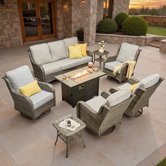ovios 8 Pieces Patio Furniture Set, Outdoor Wicker Sofa Couch with Swivel Chairs 42" Fire Pit Table, All Weather High Back Modern Conversation Sets, Grey Rattan, Grey
