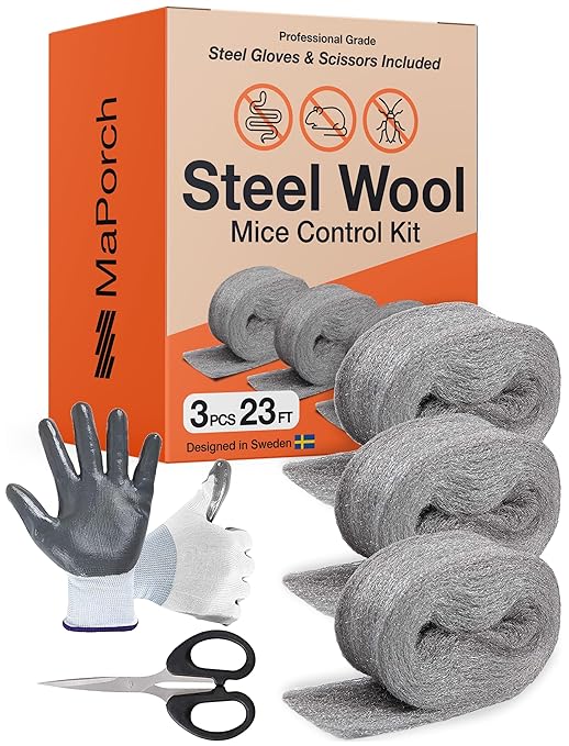 MaPorch Steel Wool Mouse Hole Filler - 3 Pack, 3.2 in x 7.5 ft - Metal Mesh Gap Filler for Walls & Pipes - DIY Kit with Gloves & Scissors - Mouse Prevention Rat Wire Mesh