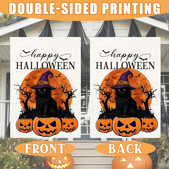 Happy Halloween Garden Flag for Outside, 12x18 Inch Double Sided Halloween Black Cat Witches Hat Pumpkin Bats Yard Flag, Farmhouse Small Yard Flags for Outdoor Decorations, Holiday Decor Gifts-A06