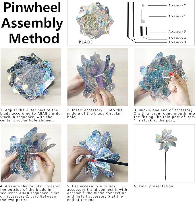 Reflective Bird Repellent Pinwheels, 7.1 inches in Diameter,Silver dot 8-Blade Reflective Windmill, Outdoor Bird Deterrent, High Reflective Effect, for Yard, Balcony, Garden, Scare Birds.