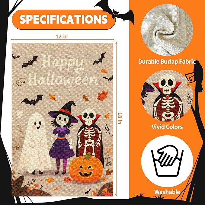 Halloween Garden Flag 12x18 Inch Double Sided, Outdoor Burlap Yard Decor for Porch, Patio, Holiday Decorations, Khaki