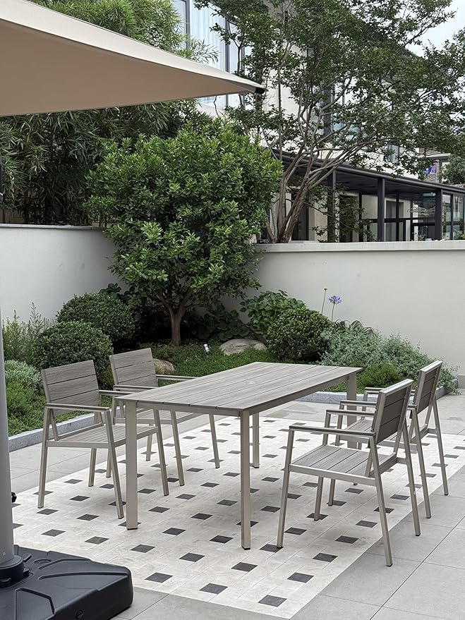 Outdoor Dining Set for 4, Patio Table and Chairs Set with Umbrella Hole, 5 Pieces HDPS Outdoor Furniture Sets for Patio, Garden, Backyard （Silver & Gray）