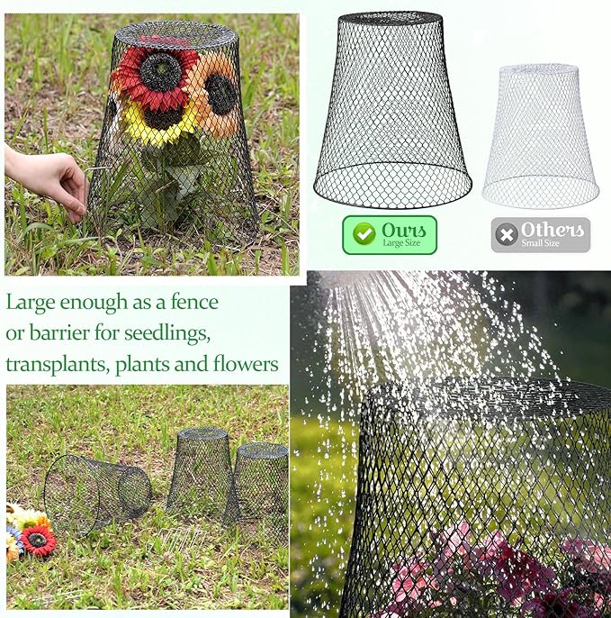 Therwen 6 Pcs Large Chicken Wire Cloche Plant Protector Cover 11x12 Inch Metal Garden Cloche Dome for Plants Wire Protection Basket with Garden Stakes Plant Cages from Animals (Black)