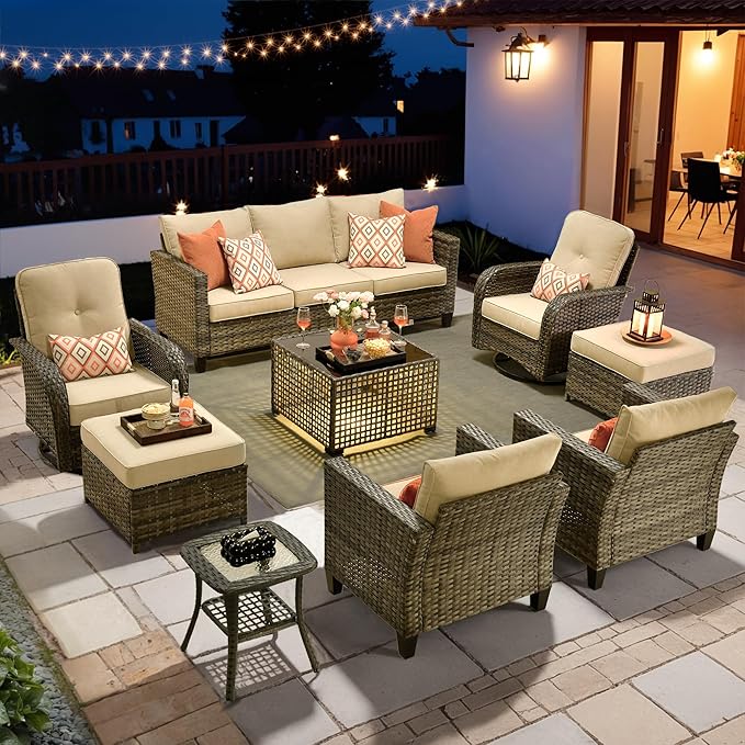 HOOOWOOO Outdoor Patio Furniture Set,9 Pieces Wicker Conversation Set,All Weather Couch Set with Swivel Chairs Solar Light Table Ottoman 9 Seaters for Out Door Yard(Beige)
