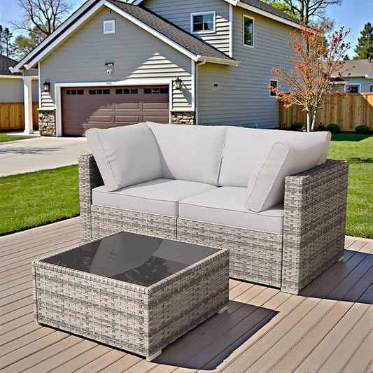 HOOOWOOO Patio Sectional Furniture Set,3 Piece Couch Set with 2 Matching Corner Chairs and 1 Table(Light Grey)
