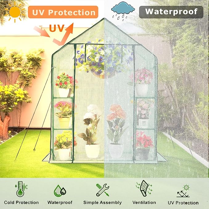 Walk-in Greenhouse for Outdoors w/ Mesh Side Windows, 3 Tiers 6 Shelves PE Cover Green House Portable Warm House for Seedling Flowers Growing 20 Pcs T-Type Plant Tags Include (GHW001G)
