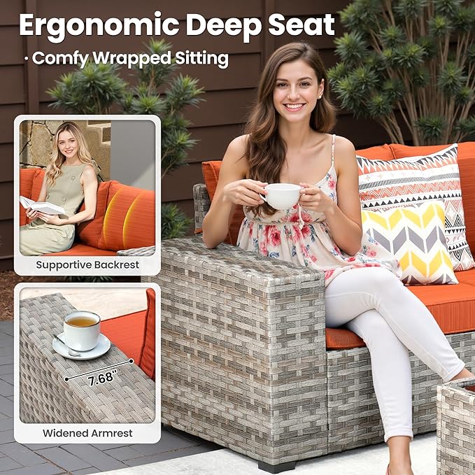 ovios 6 Pieces Patio Furniture Set, Outdoor Wicker Sectional Sofa with Glass Table Comfy Cushions, Modern Modular Deep Seat Couch Rattan Conversation Set, Orange Red