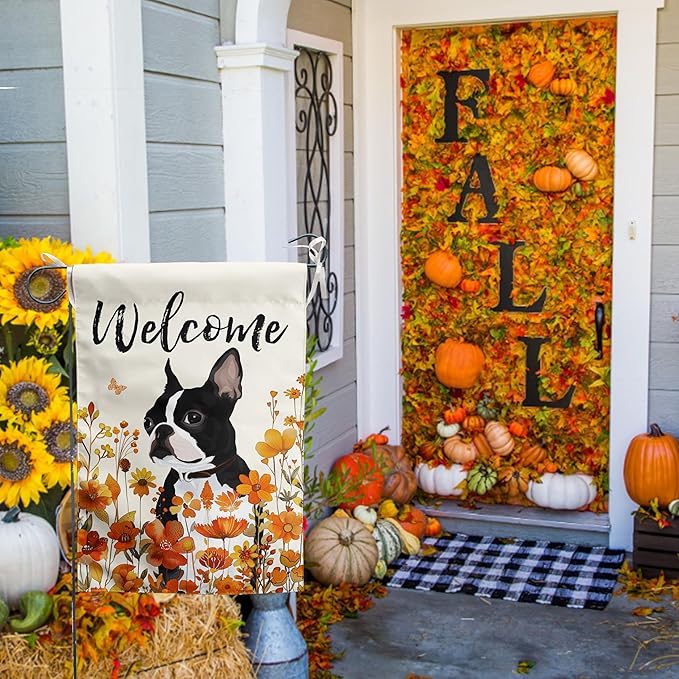 Floral Boston Terrier Garden Flag Fall Yard Flag Wildflower Dog Garden Flags Orange Autumn Lawn Flags Welcome Thanksgiving Outdoor Flags for Outside 12x18 Double Sided Small