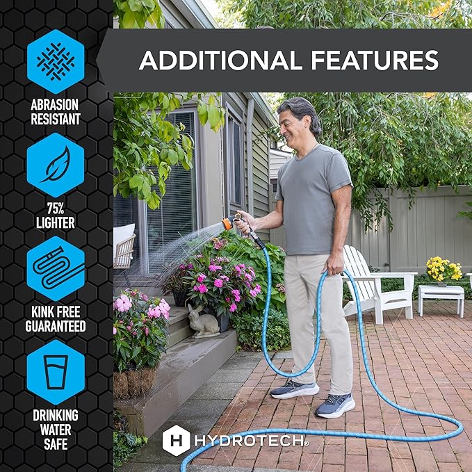 HydroTech 25 ft Expandable Garden Hose - Pro Series, 2x Max Flow, 3/4" No-Kink Flexibility, Lightweight Hose for Lawn, Garden, Car Washing, Deck and Patio Cleaning