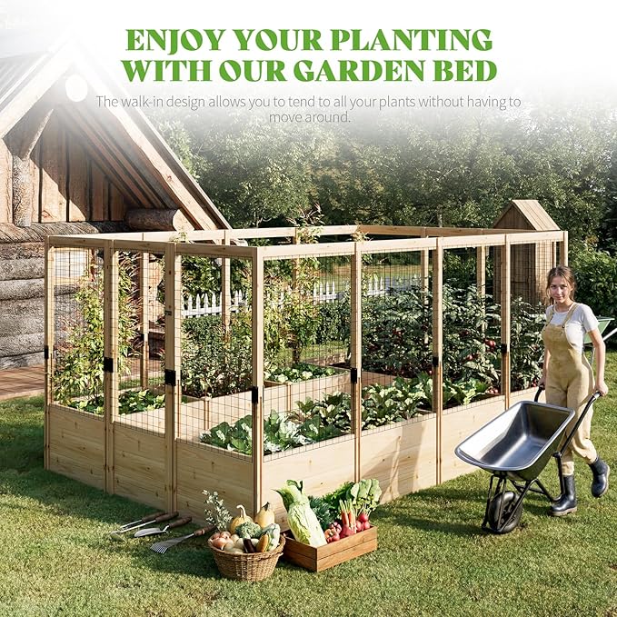 PaPaJet Wooden Raised Garden Bed for Outdoor, Deep Large Planter Box with Netting for Gardening, Vegetables, Flowers, Herbs（7.5× 11.8× 5.9FT）