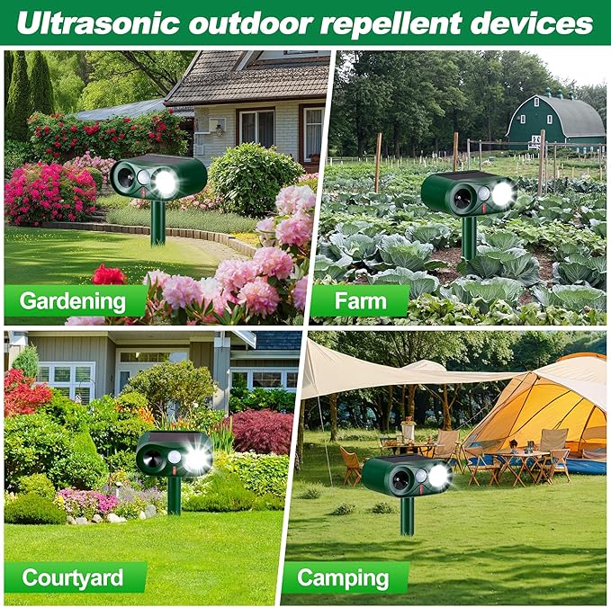 2Pack Solar Ultrasonic Animal Repeller with Strobe Light – for Gardens, Farms and courtyards Outdoor Deterrent for Raccoons, Deer, Squirrels, Cats, Skunks & Foxes