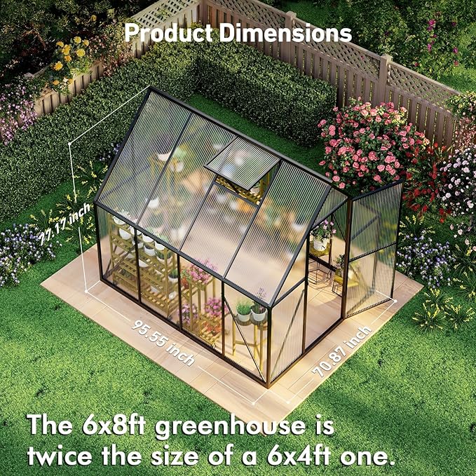 6x8FT Outdoor Greenhouse, Polycarbonate Green House, Small Walk-in Greenhouse with Vented Roof Window, Windproof Aluminum Frame with Quick-Installation Structure, Suitable for Gardening