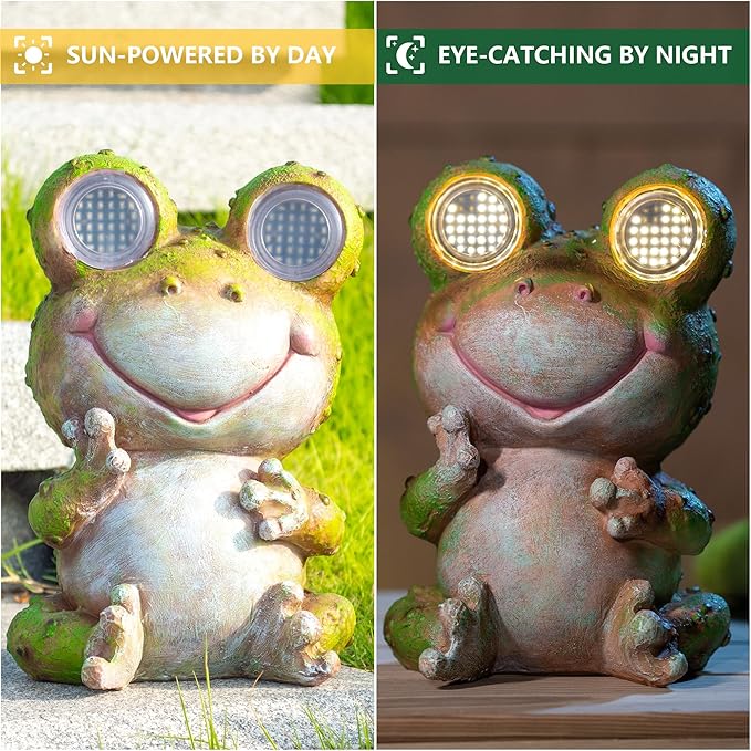 Solar Frog Garden Statue with Rotating Blinking Led Eyes Waterproof Resin Outdoor Decor Auto Dusk-to-Dawn Sensor for Patio Yard Garden Unique Birthday Housewarming Gifts for Women Mom Grandma
