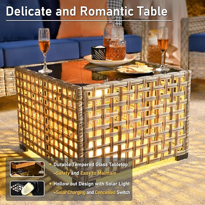 HOOOWOOO 3 Pieces Outdoor Patio Sectional Sets with 2 Single Arm End Corner Chairs and an LED Table,Brick Red