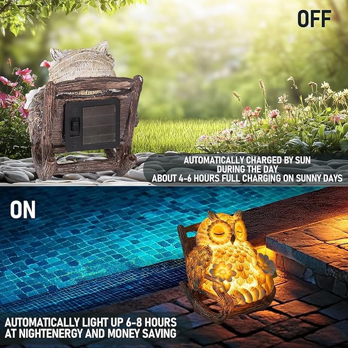 Solar-Powered Owl Statue on Chair, Cute LED Owl Figure for Home, Fireplace, Outdoor, 3x3x4 in