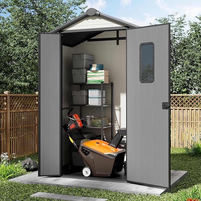 5' x 3' Outdoor Resin Storage Shed with Floor,Galvanized Metal Waterproof Garden Shed with Lockable Door, Plastic Tool, Bike Storage for Patio Furniture, Lawn Mower