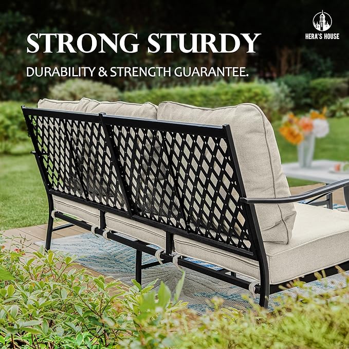 HERA'S HOUSE 5 Piece Patio Furniture Set, 2 x Cushioned Metal Chair, 2 x Ottoman, 1 x 3-Seat Sofa, All Cushioned 7 Seats Outdoor Conversation Set for Lawn Garden Backyard