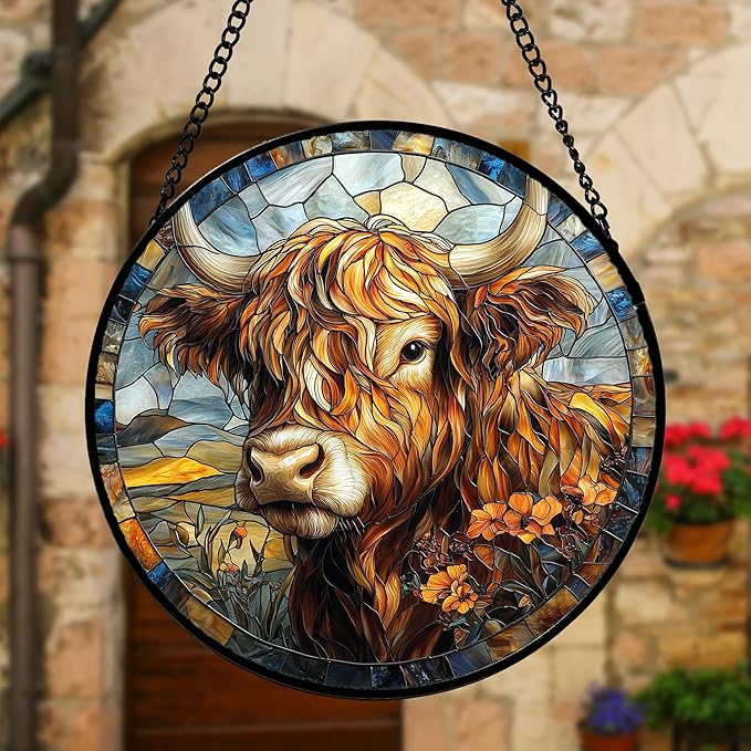 Stained Glass Window Hanging - Funny Cow Flower Suncatcher Ready to Hang Window Doors Home Decoration and Christmas, Mother's Day Birthday Gifts for Women, Men, and Mom 9.8x9.8 in