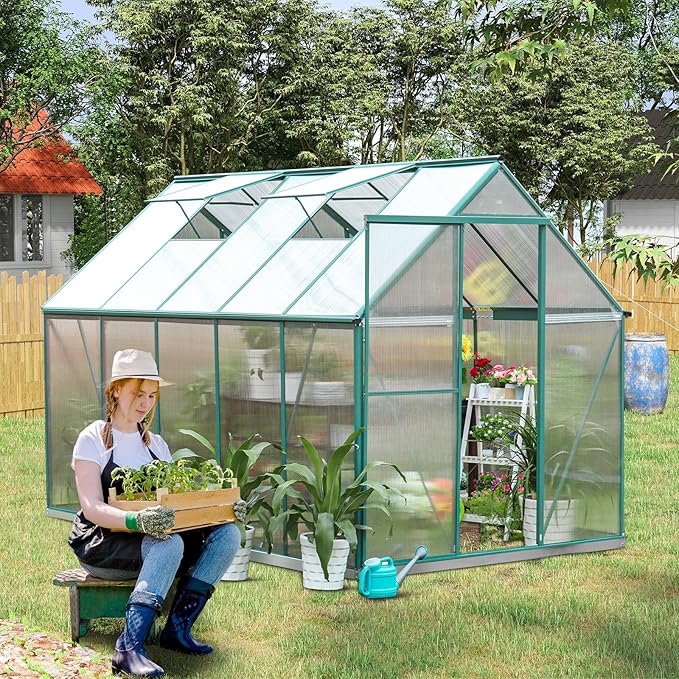 Polycarbonate Greenhouse Kit, 10x6 FT Heavy Duty Outdoors Durable Green House with Double Vent Window Lockable Door, Twin-Wall Panels, Walk in Green Houses for Backyard Outside Garden