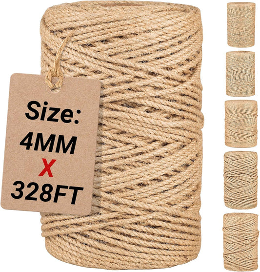 Natural Jute Twine String,Bulk Jute Rope Cord Twine for Crafting Gardening,Roll of Thick and Thin Twine for Gift Wrapping,Brown Decorative Rope,Ornament Twine for Cat Scratch Post (4mm x 328ft)