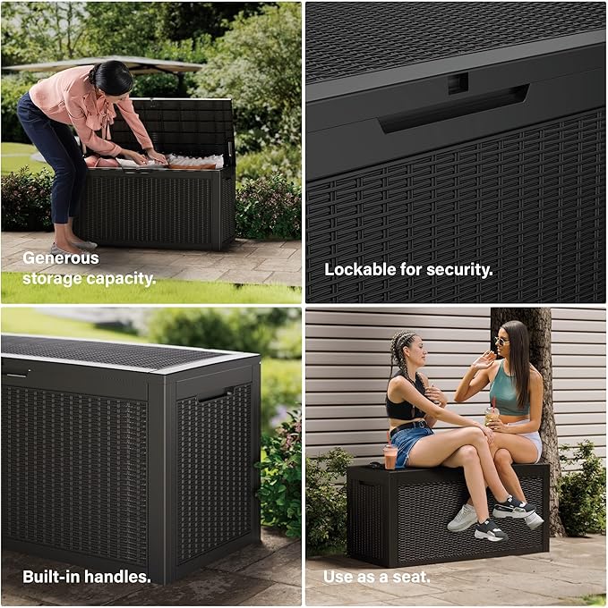100 Gallon Deck Box, Resin Outdoor Indoor Waterproof Storage Box, Lockable Storage Box With Handle for Patio Furniture - Garden Tools - Swimming Pool Tools UV-Resistant, Black