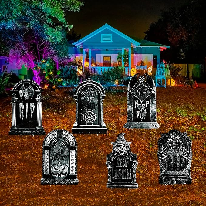 Halloween Gravestone Tombstones Yard Signs Decorations, Devil, Pumpkin, Bat, Spider, 6pcs 11.5”x16.93 Waterproof Halloween Graveyard for Home, Party, Cemetery Decor