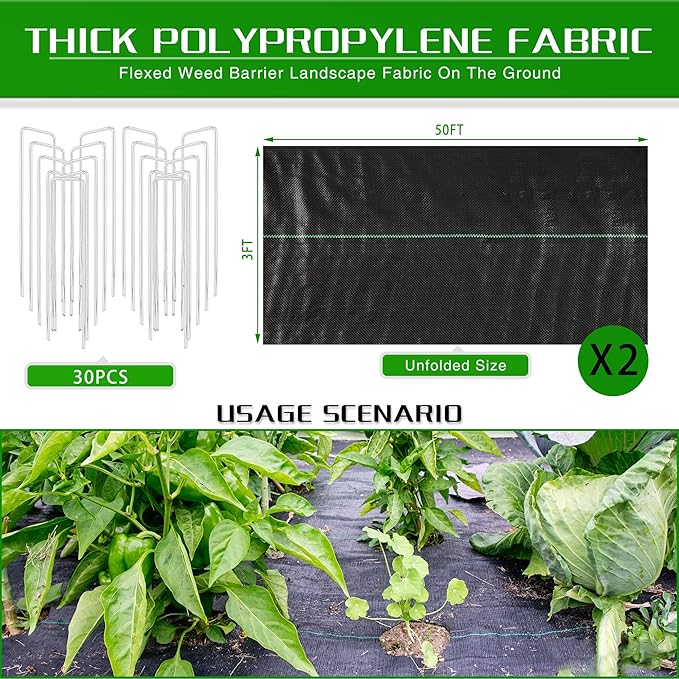 3FT x 100FT Weed Barrier Landscape Fabric Heavy Duty, 3.2oz Premium Gardening Weed Control Mat with 30 U-Shaped Securing Pegs, Ground Cover for Gardening, Farming, Raised Bed（2 Packs 3x50FT）