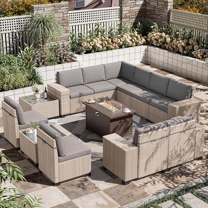 13 Pieces Patio Furniture Set with Metal Fire Pit Table, Outdoor Sectional Wicker Sofa with Thick Cushions and Coffee Table, High Back Rattan Patio Conversation Sets, Grey