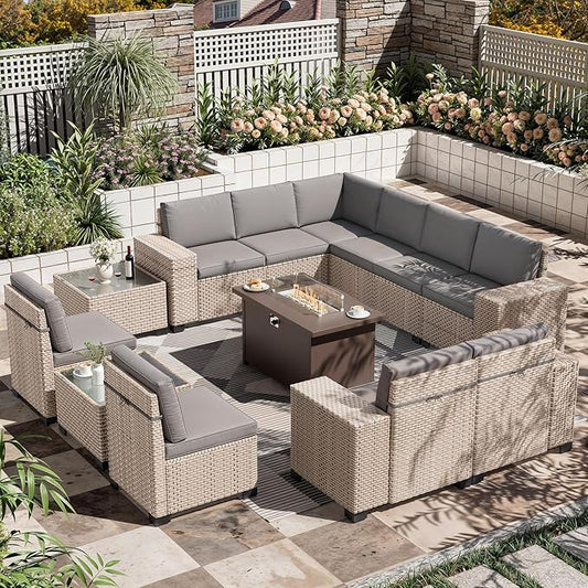13 Pieces Patio Furniture Set with Metal Fire Pit Table, Outdoor Sectional Wicker Sofa with Thick Cushions and Coffee Table, High Back Rattan Patio Conversation Sets, Grey