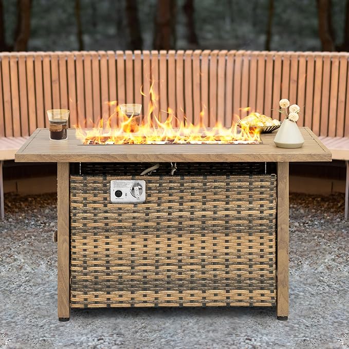 Nuu Garden 43” Propane Fire Pit, CSA-Listed Rattan Outdoor Fire Pit Table, 50,000 BTU Smokeless Gas Fire Table with Lid and Glass Beads, 2-in-1 Rectangular Fire Table for Outside Backyard Patio, Brown