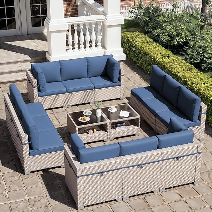 14 Pieces Patio Furniture Set, Outdoor Sectional Wicker Sofa with Thick Cushions and Storage Coffee Table, Rattan Patio Conversation Sets for Deck Yard Poolside, Navy