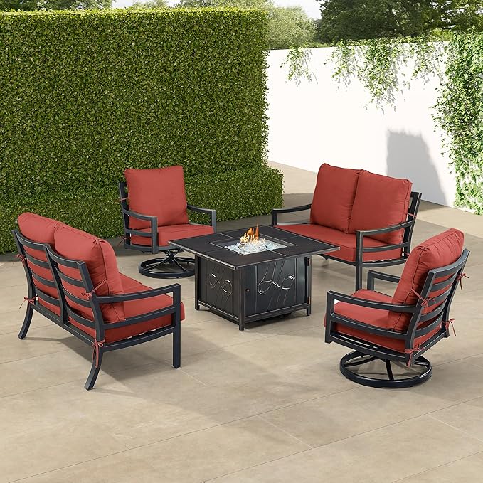 Oakland Living Black Aluminum Patio Fire Table Set with Two Deep Seating Loveseat with Cushions and Two Club Chairs with Red Cushions