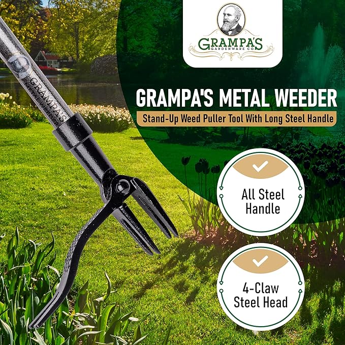 Grampa's Metal Weeder - Stand Up Weed Puller Tool with Steel Long Handle - Made with All Steel Handle & 4-Claw Steel Head - Easily Remove Weeds Without Bending, Pulling, or Kneeling (Green)