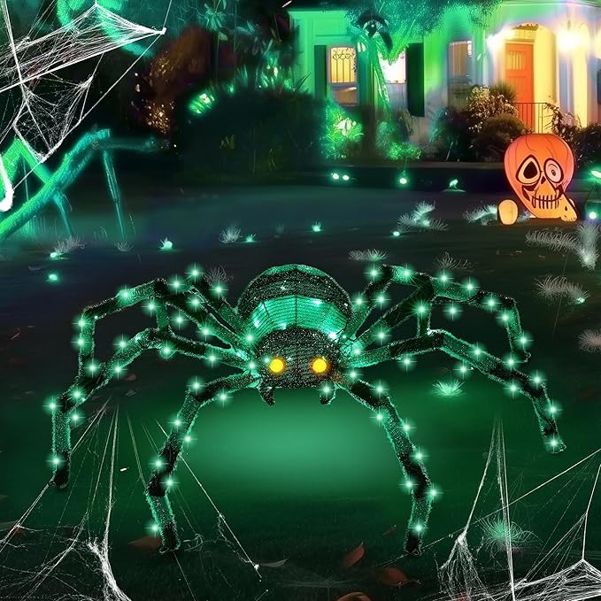 4.2Ft Giant Spider Halloween Decorations Outdoor 52" Light Up Spider with 90 LED Lights for Front Yard, Porch, Garden, Lawn, Halloween Party (Green)
