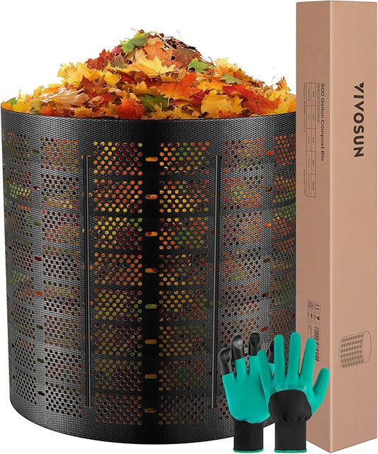 VIVOSUN 500 Gallon Outdoor Compost Bin, Expandable Composter, Easy to Setup & Large Capacity for Backyard, Lawn (Black with Gloves)
