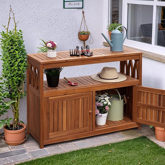 Flamaker Outdoor Storage Cabinet Weatherproof Acacia Wood Outdoor Cabinet with 2 Magnetic Doors Used for Outdoor Storage, Buffet Cabinet, TV Stand, Bar Table, Potting Table (Brown)