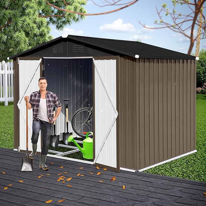 8x6 FT Outdoor Storage Shed, Metal Tool Shed with Lockable Doors, Peaked Roof & Frame Floor, Garden Shed with Vented Design for Backyard Garden Patio Lawn, Brown + Black