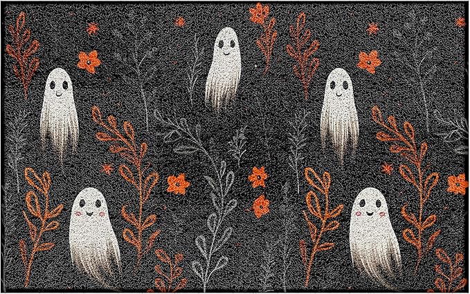 Halloween Ghost Door Mat, Dark Academia Floral Ghost Doormat Non-Slip for Front Door Porch Indoor Outside Entrance Entryway, Spooky Halloween Botanical Welcome Mat, 17x30 Inch