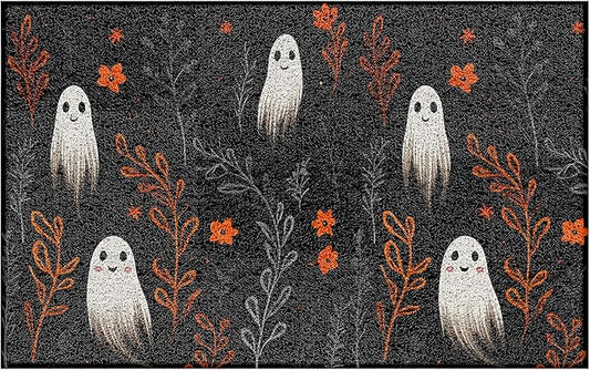 Halloween Ghost Door Mat, Dark Academia Floral Ghost Doormat Non-Slip for Front Door Porch Indoor Outside Entrance Entryway, Spooky Halloween Botanical Welcome Mat, 17x30 Inch