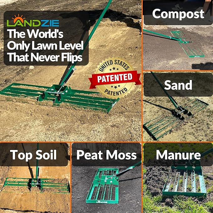 Landzie AeroLeveler - The Lawn Leveling Rake That Never Flips - Patented 36 inch Wide Pneumatic Lawn Level for Yard, Dirt, Soil, Sand, Provides Stability and Control Without Flipping Over