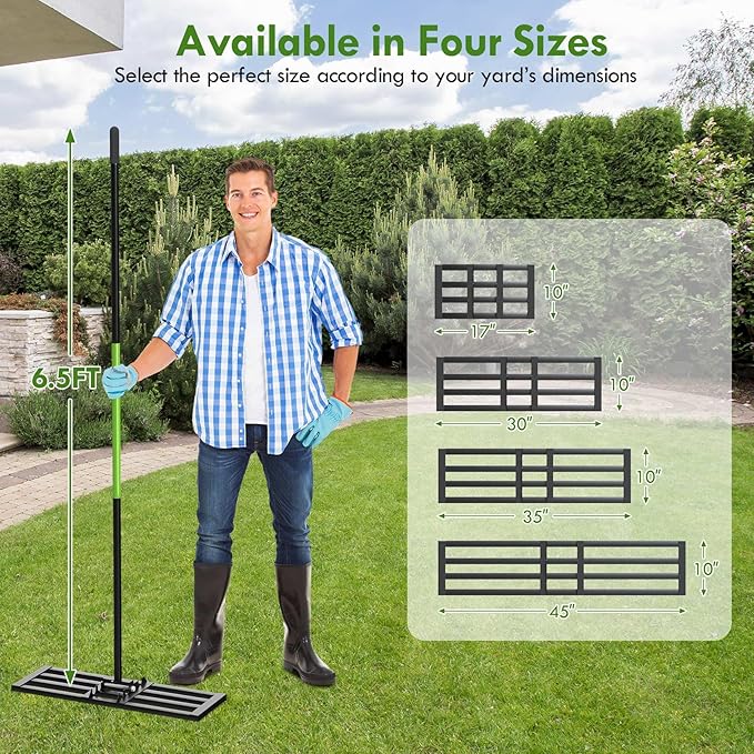 Seeutek Lawn Leveling Rake, 35” x 10” Lawn Leveler with 6.5FT Stainless Steel Handle Rakes for Lawns, 0-180° Adjustable Ground Leveler Tool for Yard, Level Soil Sand Dirt Surfaces