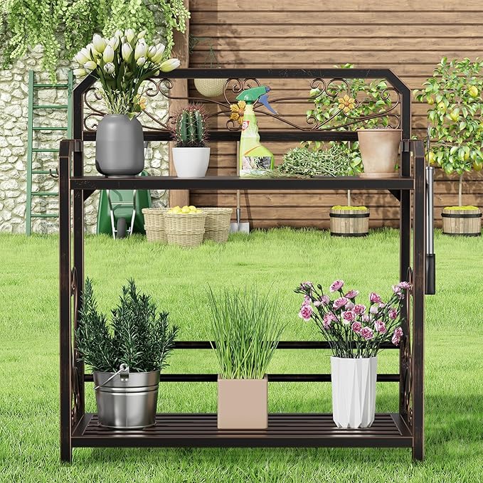 Potting Bench, Outdoor Potting Table with 4 Side Hooks, All-Weather Gardening Table Work Station, Outside Garden Workbench, 505lbs Capacity, 18" D x 39" W x 44" H, Distressed Vintage Black