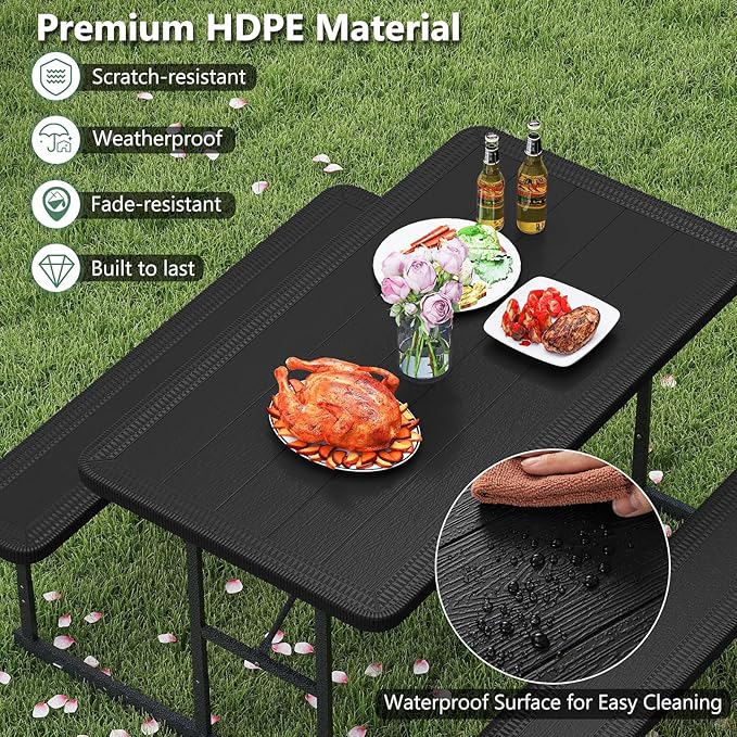 Tangkula Picnic Table, HDPE Outdoor Rectangular Table Bench Set with 2 Built-in Benches, Umbrella Hole, Metal Frame for 4 Person, Garden Yard Patio Lawn