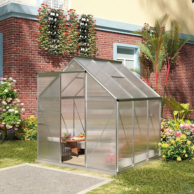 Outsunny 6' x 6' x 6.5' Polycarbonate Greenhouse with Adjustable Roof Vent, Walk-in Heavy Duty Green House Kit with Aluminum Frame, Sliding Door and Rain Gutter for Winter, Silver