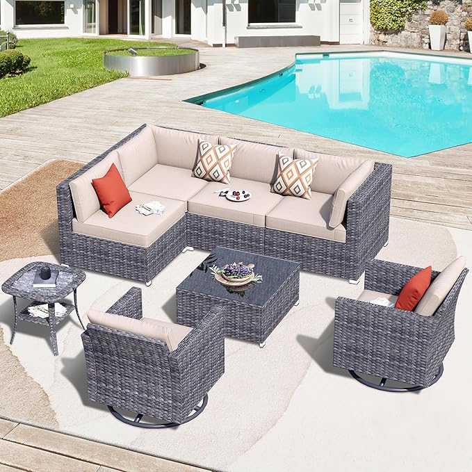 HOOOWOOO 8 Piece Patio Sectional Furniture Set with Swivel Rocking Chairs,Modern Wicker Outdoor Conversation Sofa Sets,Weather Resistant Modular L Shaped Outside Couch Set(Beige)