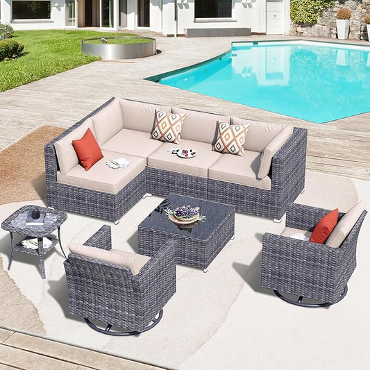 HOOOWOOO 8 Piece Patio Sectional Furniture Set with Swivel Rocking Chairs,Modern Wicker Outdoor Conversation Sofa Sets,Weather Resistant Modular L Shaped Outside Couch Set(Beige)