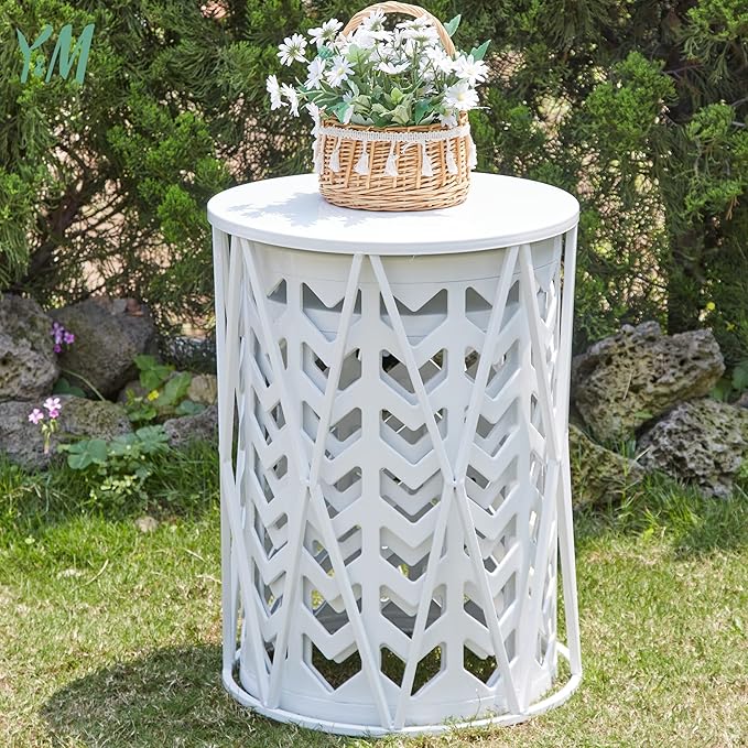 Y&M Set of 3 Metal Round Coffee Table, Side Table End Table for Indoor Outdoor Multifunctional Use, Heavy Duty Metal Plant Stand Garden Stool- White